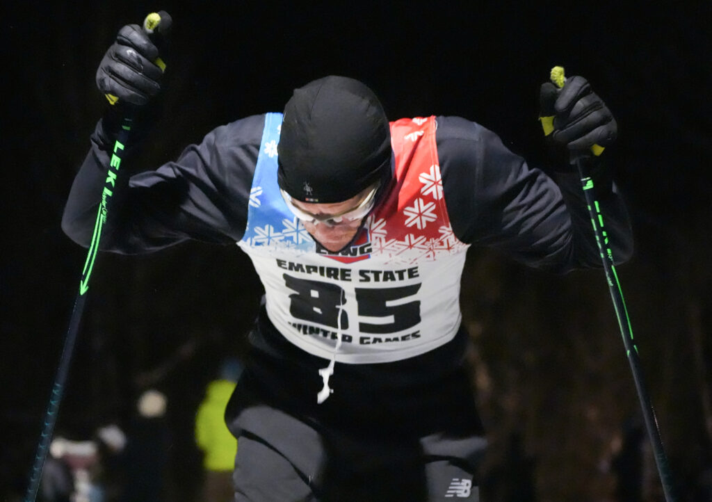 An athlete competing in athletic event sports in the snow