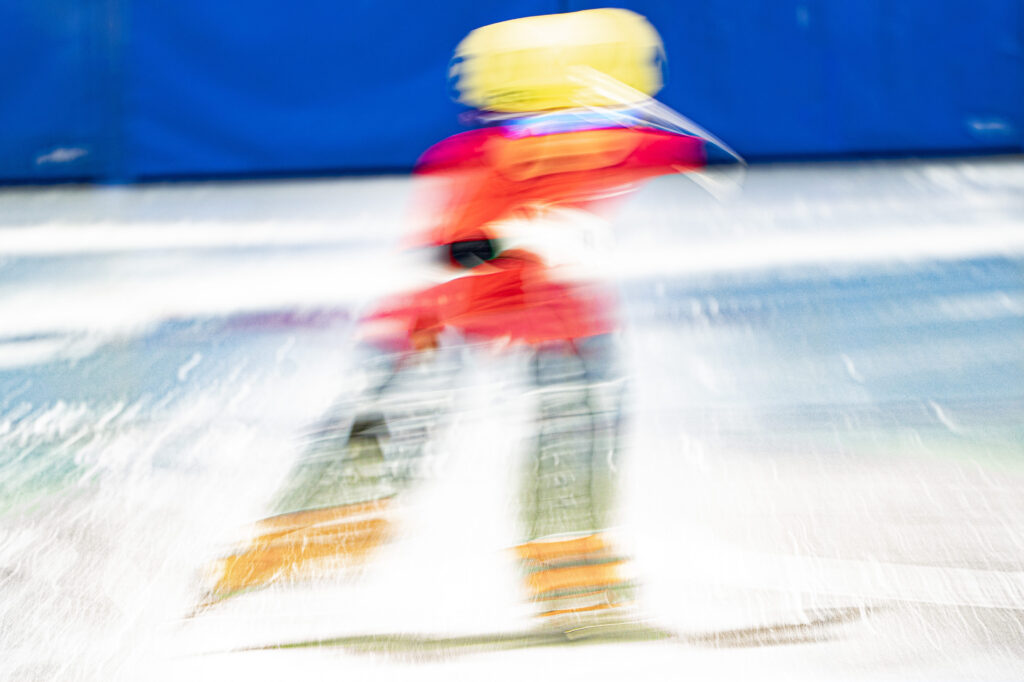 An athlete competing in athletic event sports in the snow