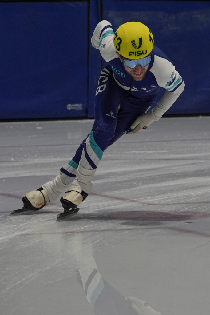 An athlete competing in athletic event sports with helmet
