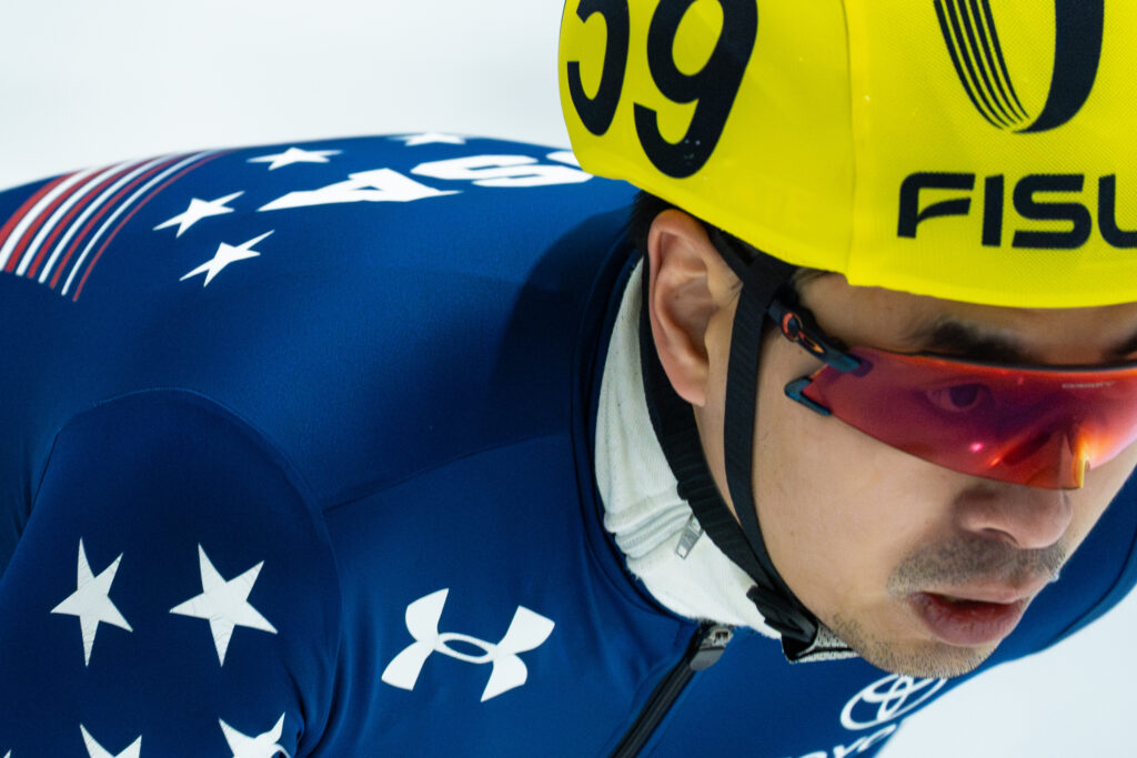 An athlete competing in athletic event sports with helmet