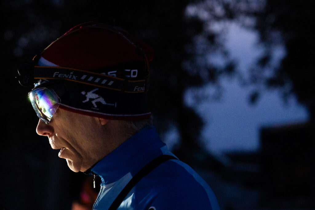 An athlete competing in athletic event sports with goggles and helmet