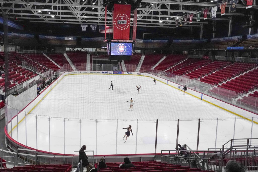 A group of athletes skating on the rink