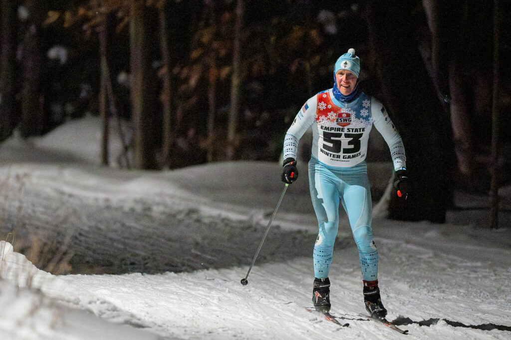 An athlete skiing in the snow