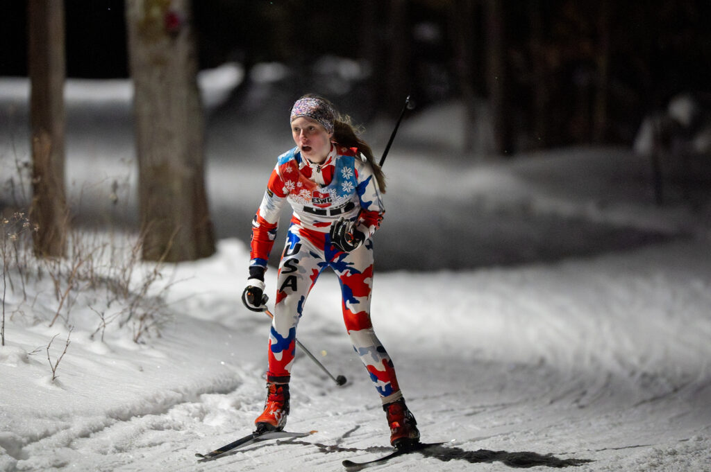 An athlete skiing in the snow