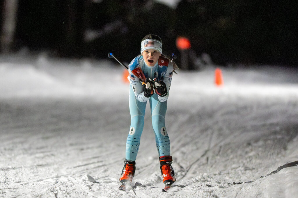 An athlete skiing in the snow