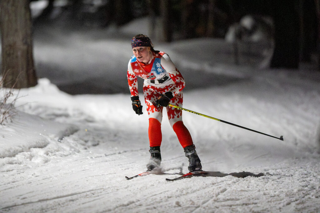 An athlete skiing in the snow