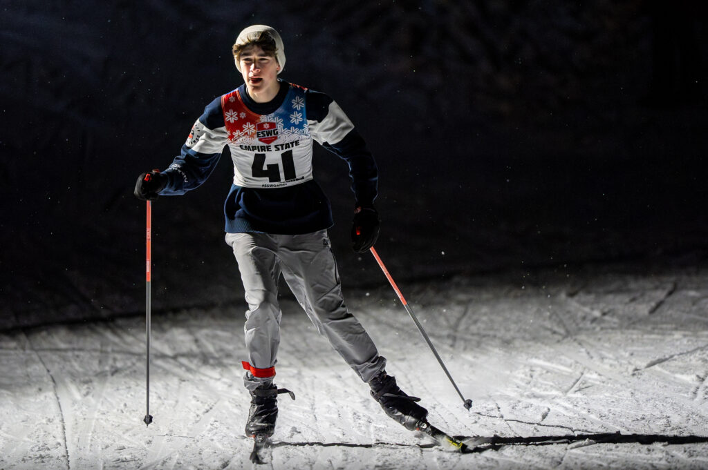 An athlete skiing in the snow