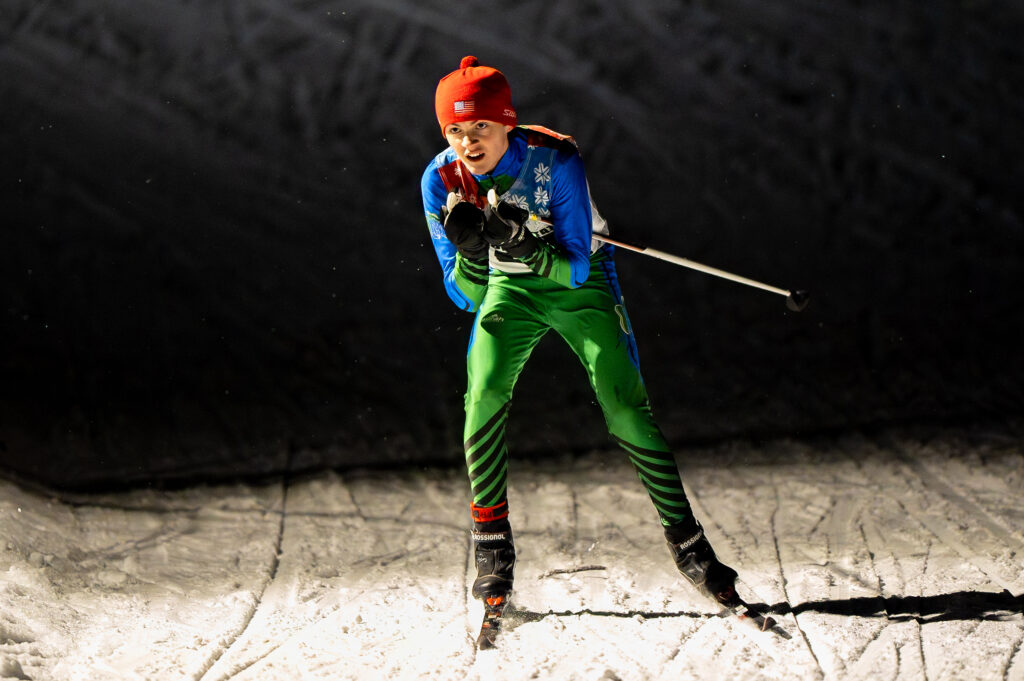 An athlete skiing in the snow
