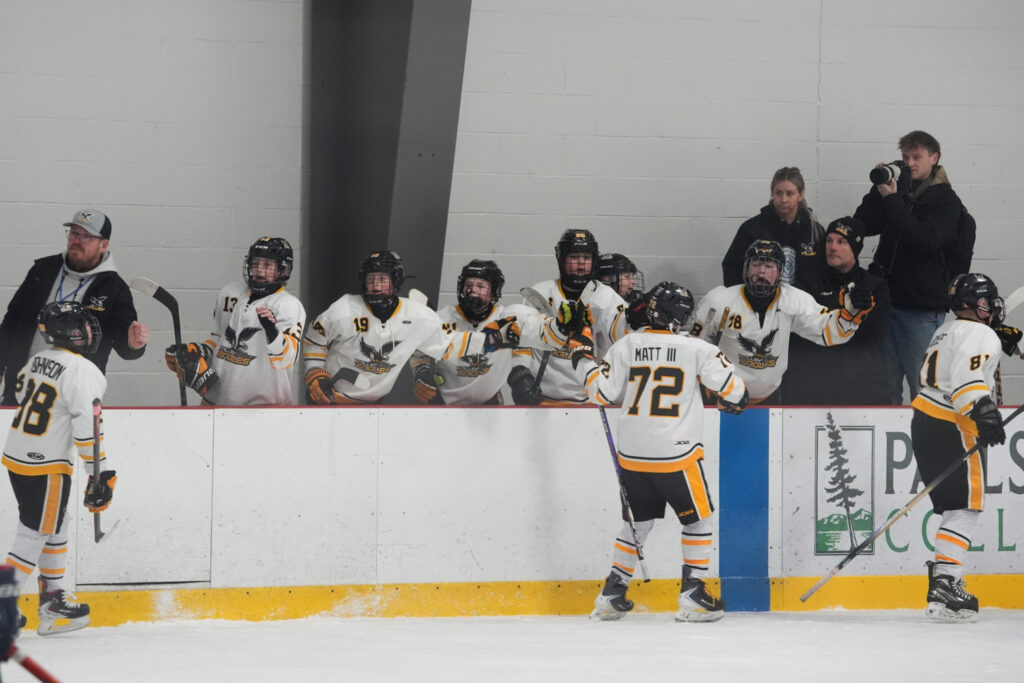 A group of athletes competing field hockey with helmet