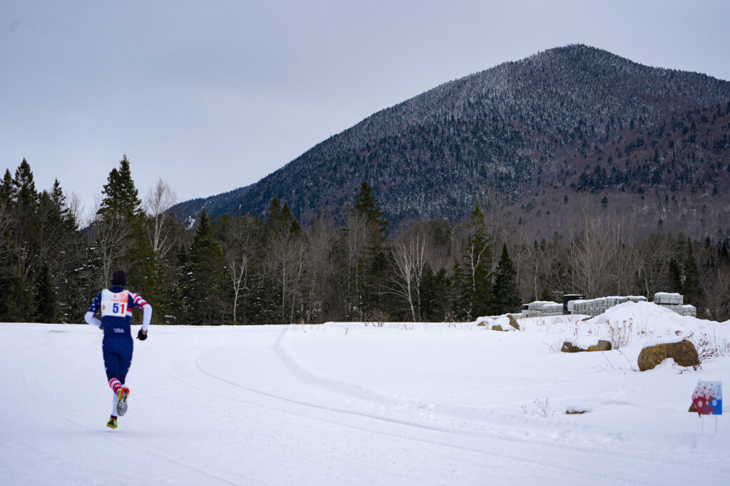 An athlete competing in athletic event sports in the snow