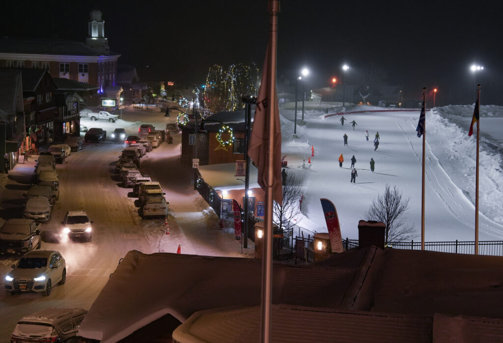 A group of athletes competing in athletic event sports in the snow