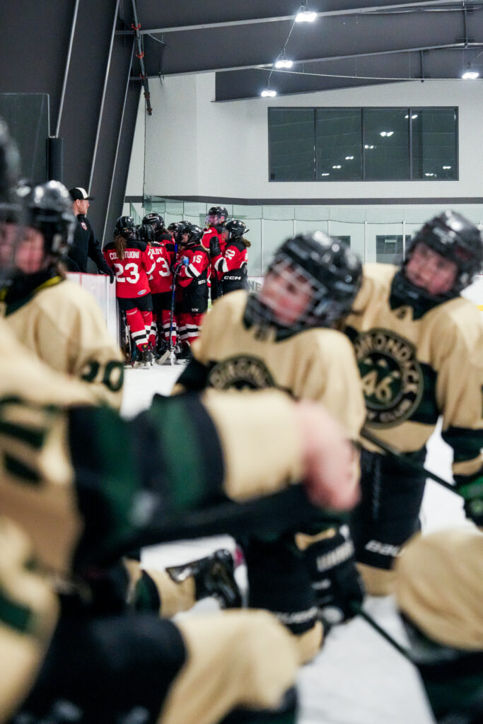 A group of athletes playing football with helmet on the field
