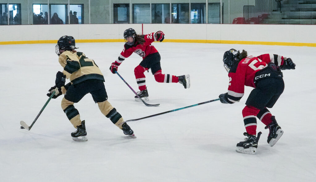 A group of athletes skating with helmet on the rink