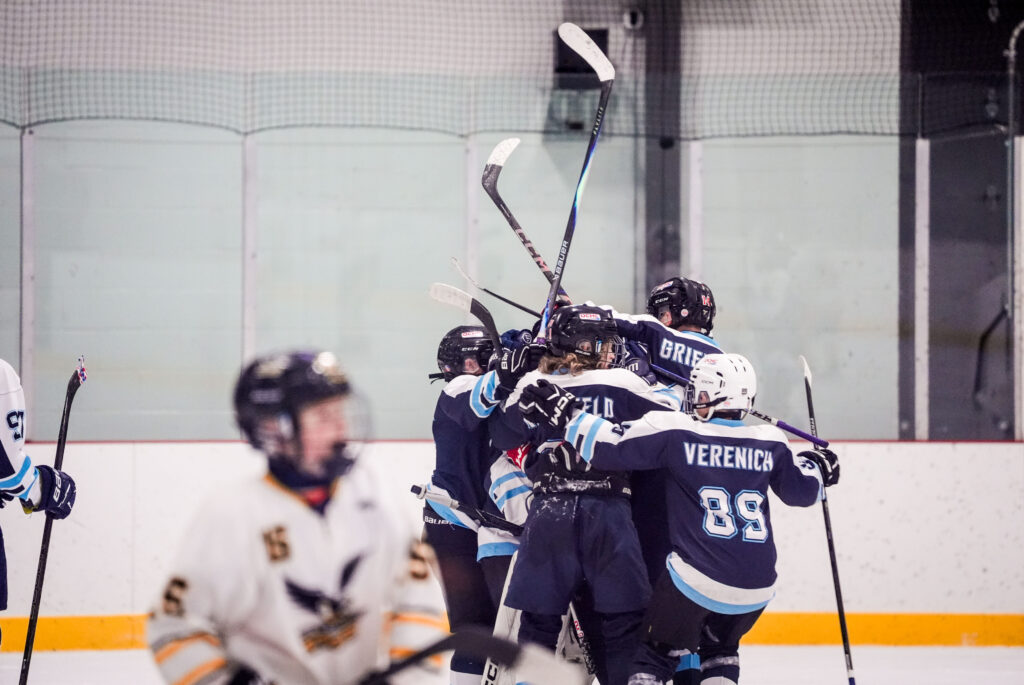 A group of athletes competing field hockey with helmet