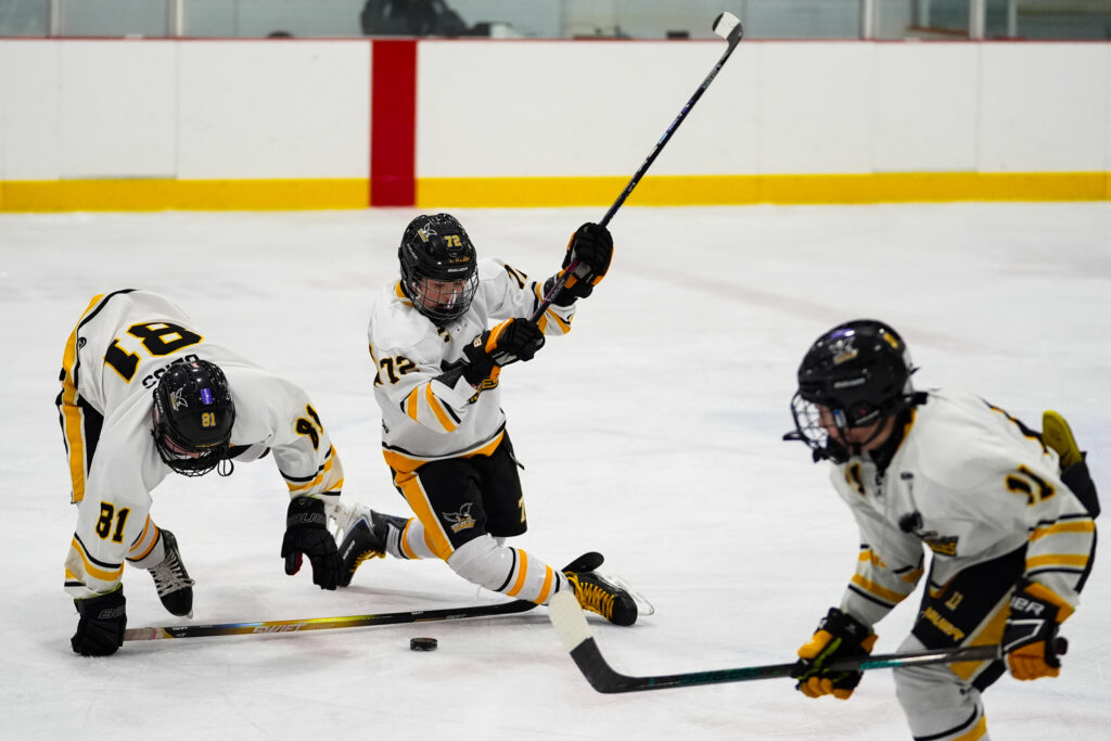 A group of athletes competing ice hockey with helmet