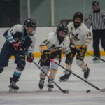 A group of athletes competing field hockey with helmet