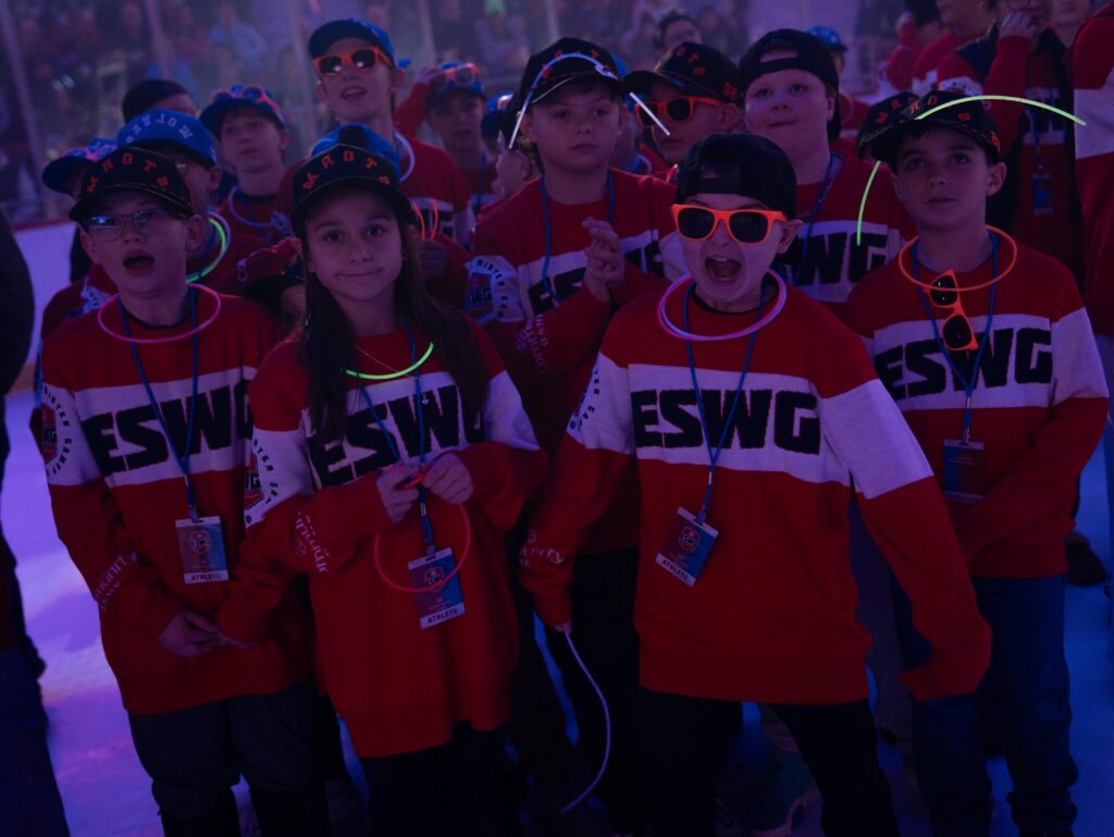 A group of athletes competing in athletic event sports