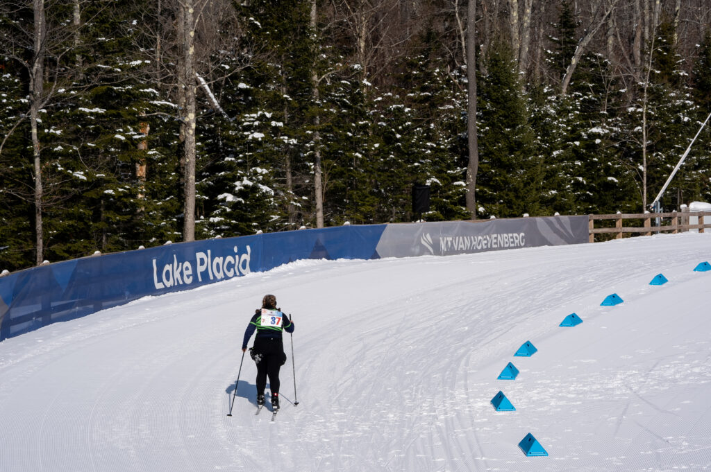 A group of athletes competing in athletic event sports in the snow