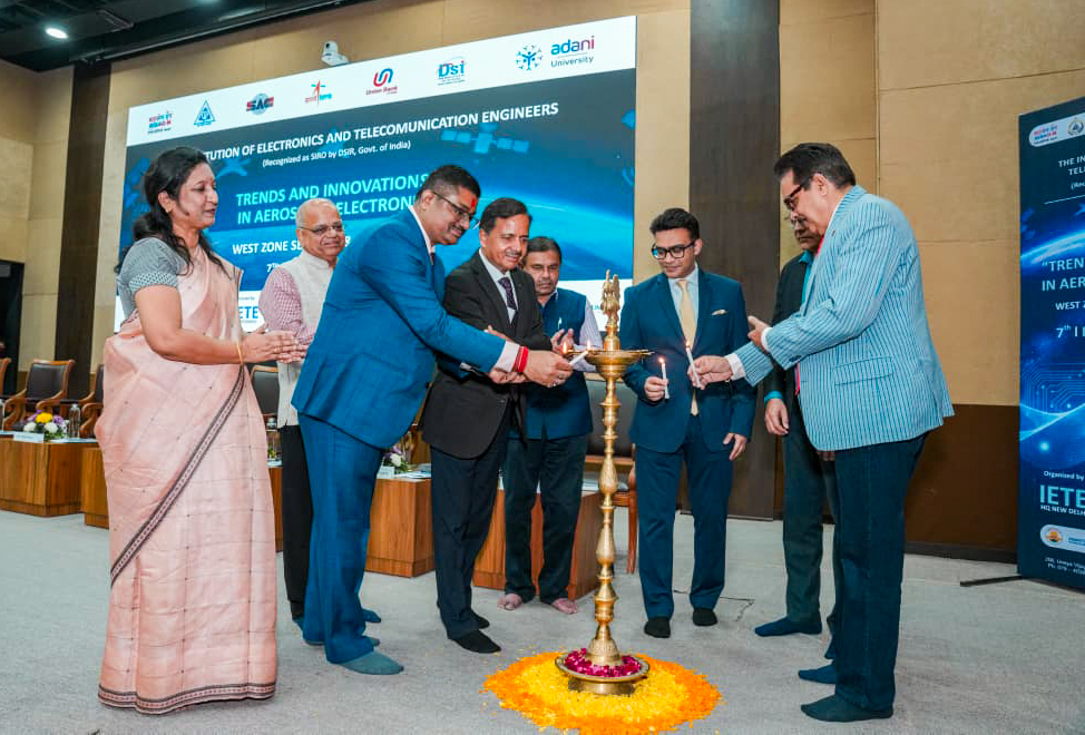 Ahmedabad: Adani Defence & Aerospace CEO Ashish Rajvanshi, Space Applications Centre (SAC–ISRO) Director Nilesh Desai, Provost of Adani University Prof (Dr) Dhaval Pujara and other dignitaries during the IETE West Zone Seminar and IETE Students Forum (ISF) Congress 2026 on ‘Trends and Innovation in Aerospace Electronics’ at Adani University campus in Shantigram, Ahmedabad on Saturday, February 07, 2026. (Photo: IANS)